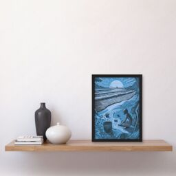 Artery8 Beachcombing Coastal Landscape Blue Illustration Artwork Framed Wall Art Print A4 in Black - thumbnail 2