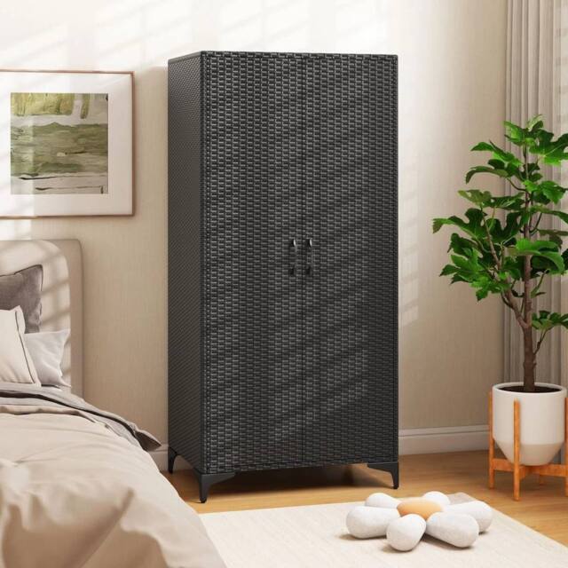 EONLION PE Rattan Wardrobe with Hanging Rod, Black - Size: 100 cm - image 1