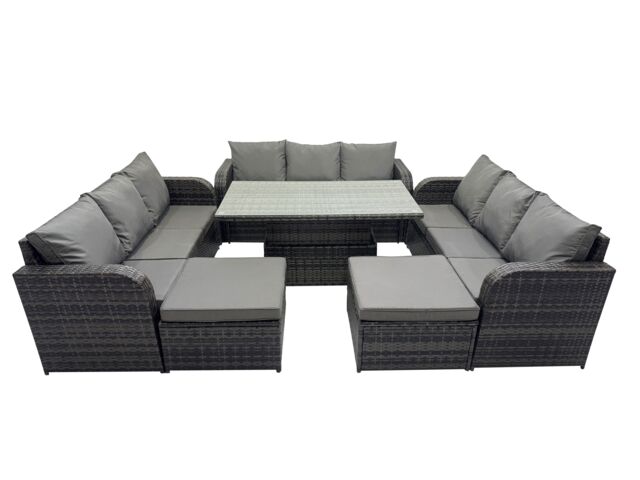 Fimous Rattan Garden Furniture Dining Set 11-seater with 2 Big Footstools in Dark Grey - image 1