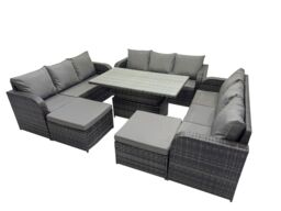 Fimous Rattan Garden Furniture Dining Set 11-seater with 2 Big Footstools in Dark Grey - thumbnail 2
