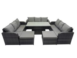 Fimous Rattan Garden Furniture Dining Set 11-seater with 2 Big Footstools in Dark Grey - thumbnail 1