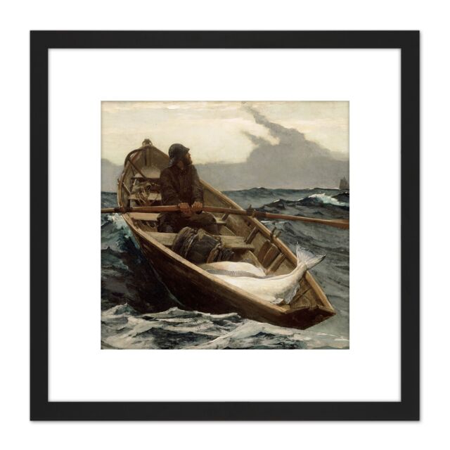 Artery8 Winslow Homer Fog Warning Painting 8X8 Inch Square Wooden Framed Wall Art Print Picture with Mount in Black - image 1