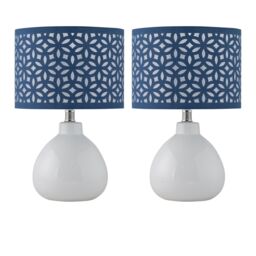 First Choice Lighting Set of 2 Tuscan - White Ceramic Lamps with Navy Blue Cut Out Shade - thumbnail 1