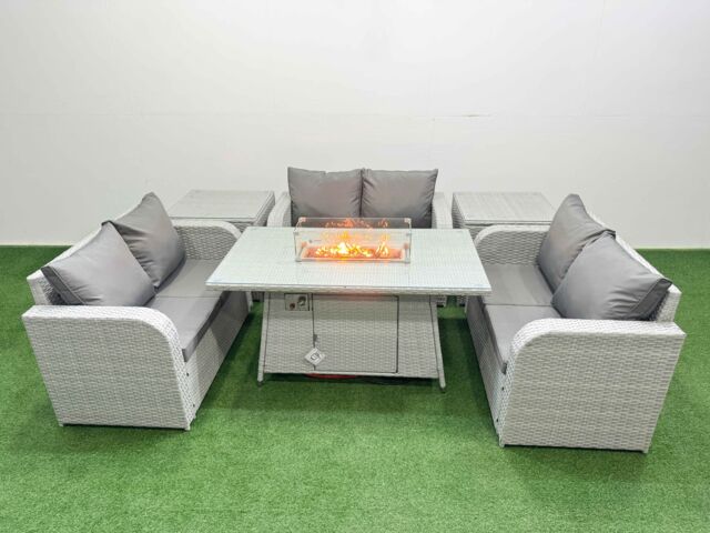 Fimous 6 Seater PE Wicker Rattan Furniture Sofa Sets with Firepit Dining Table 2 Seater Love Sofa 2 Side Table Light Grey - image 1