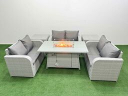 Fimous 6 Seater PE Wicker Rattan Furniture Sofa Sets with Firepit Dining Table 2 Seater Love Sofa 2 Side Table Light Grey - thumbnail 1
