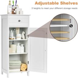 Gymax Bathroom Floor Cabinet Organizer 3-Position Adjustable Shelves Drawer in White - thumbnail 4