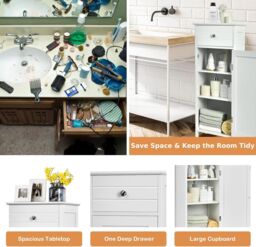 Gymax Bathroom Floor Cabinet Organizer 3-Position Adjustable Shelves Drawer in White - thumbnail 3