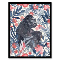 Artery8 Gorilla Ape & Pink Tropical Flowers Watercolour Framed Wall Art in Blue - Size: A4 - thumbnail 1