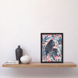Artery8 Gorilla Ape & Pink Tropical Flowers Watercolour Framed Wall Art in Blue - Size: A4 - thumbnail 4