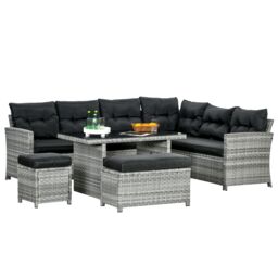 OUTSUNNY 5 Pieces Rattan Garden Furniture Set with Sofa, Table, Cushions, Stools, Grey - thumbnail 2