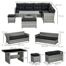 OUTSUNNY 5 Pieces Rattan Garden Furniture Set with Sofa, Table, Cushions, Stools, Grey - thumbnail 3
