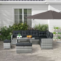 OUTSUNNY 5 Pieces Rattan Garden Furniture Set with Sofa, Table, Cushions, Stools, Grey - thumbnail 1