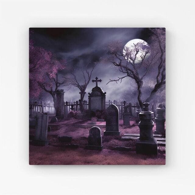 Warren Reed - Designer Witchs Moonlit Cemetery Design Canvas in Purple - Size: w40 inch x h40 inch - image 1