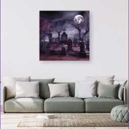 Warren Reed - Designer Witchs Moonlit Cemetery Design Canvas in Purple - Size: w40 inch x h40 inch - thumbnail 4
