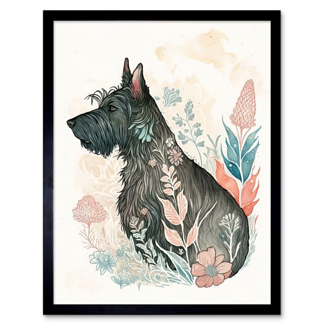 "Artery8 Wall Art Print Scottish Terrier Dog in Flower Field Bright Modern Multicoloured Watercolour Art Framed in Black - Size: W12"" x H16""" - image 1