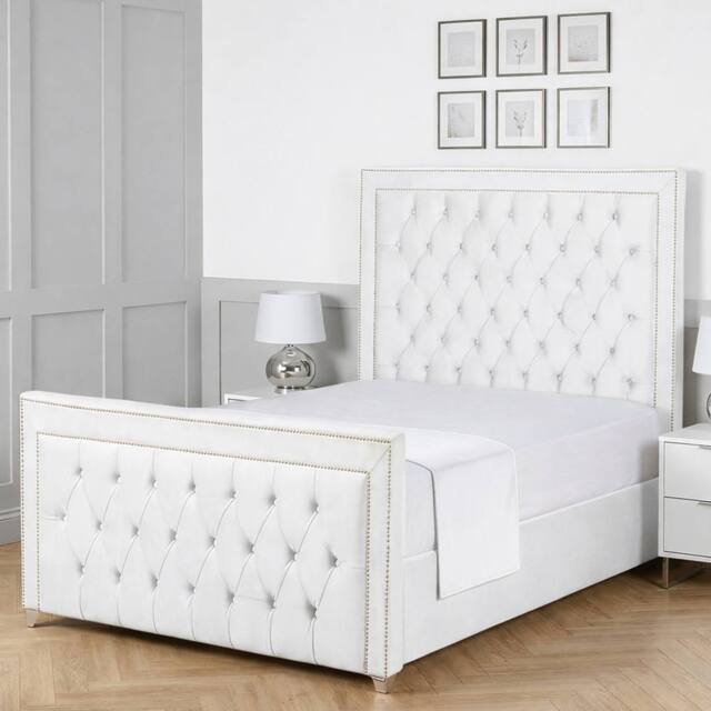 Living Comfort Bedz Metro Plush Velvet Upholstered Bed Slatted Base with 48Inch Headboard in White - Size: Super King - image 1