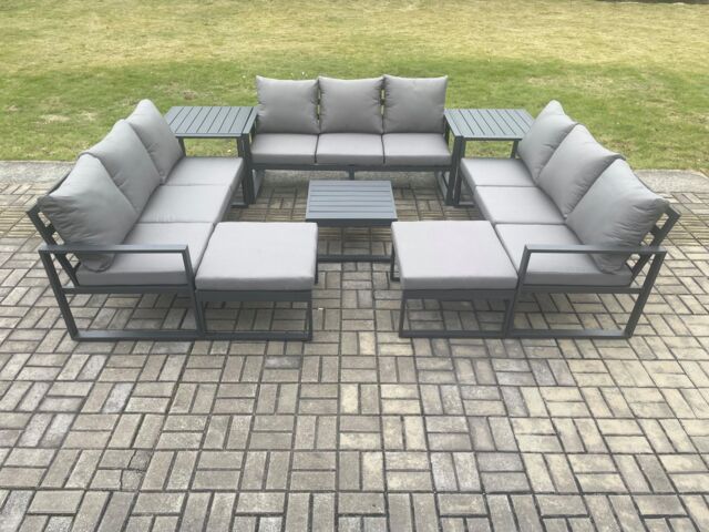 Fimous Aluminium Outdoor Garden Furniture Set Patio Lounge Sofa with Square Coffee Table 2 Side Tables 2 Big Footstools Conservatory Set in Dark Grey - image 1