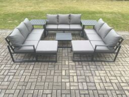 Fimous Aluminium Outdoor Garden Furniture Set Patio Lounge Sofa with Square Coffee Table 2 Side Tables 2 Big Footstools Conservatory Set in Dark Grey - thumbnail 1