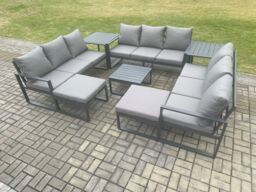 Fimous Aluminium Outdoor Garden Furniture Set Patio Lounge Sofa with Square Coffee Table 2 Side Tables 2 Big Footstools Conservatory Set in Dark Grey - thumbnail 2