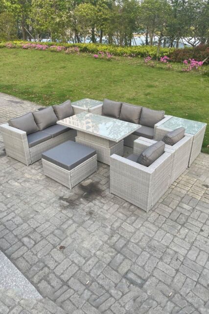 Fimous Rattan Garden Funiture Set Height Adjustable Rising Lifting Table Sofa Dining Set Lounge Chair in Light Grey - image 1