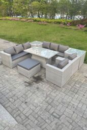 Fimous Rattan Garden Funiture Set Height Adjustable Rising Lifting Table Sofa Dining Set Lounge Chair in Light Grey - thumbnail 1