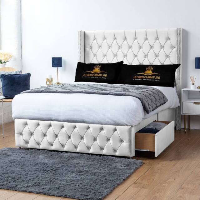 UK Bed Furniture Jasmine Wingback Divan Bed with 2 Foot End Drawers & 54 Inch Headboard in White - Size: Super King - image 1