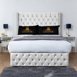 UK Bed Furniture Jasmine Wingback Divan Bed with 2 Foot End Drawers & 54 Inch Headboard in White - Size: Super King - thumbnail 2