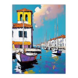 "Artery8 Portofino Italy Harbour Sailboats Marina Painting Wall Art Print in Blue - Size: W12"" x H16""" - thumbnail 1