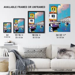 "Artery8 Portofino Italy Harbour Sailboats Marina Painting Wall Art Print in Blue - Size: W12"" x H16""" - thumbnail 3