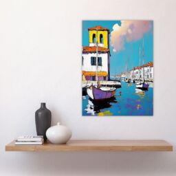 "Artery8 Portofino Italy Harbour Sailboats Marina Painting Wall Art Print in Blue - Size: W12"" x H16""" - thumbnail 4