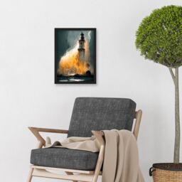Artery8 Lighthouse Storm French Coastline Lightning Hurricane Artwork Framed Wall Art Print A4 in Black - thumbnail 2