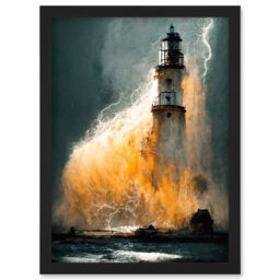 Artery8 Lighthouse Storm French Coastline Lightning Hurricane Artwork Framed Wall Art Print A4 in Black - thumbnail 1