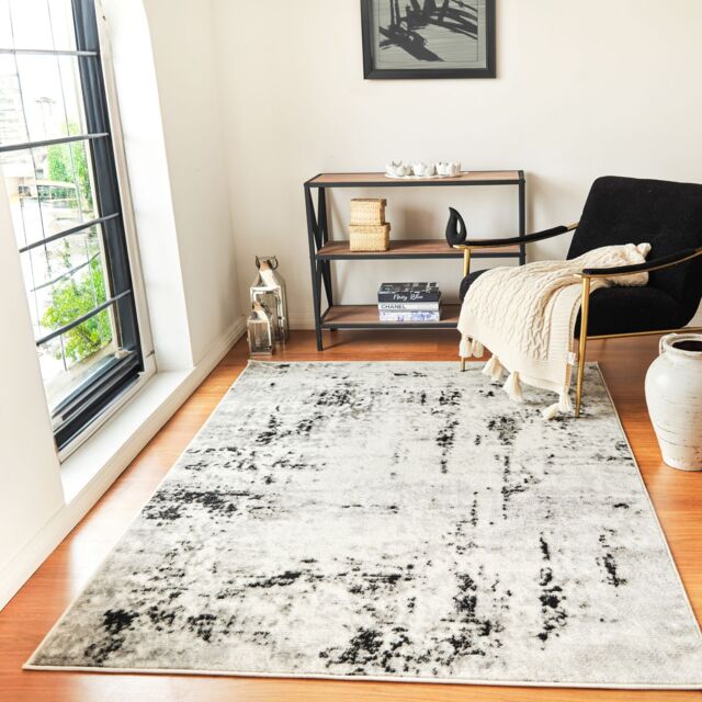 Livabliss Pisa-Abstract Black Grey Off-White Modern Marble Living Dining Bedroom Rug in Light Grey - Size: 140 cm x 200 cm - image 1