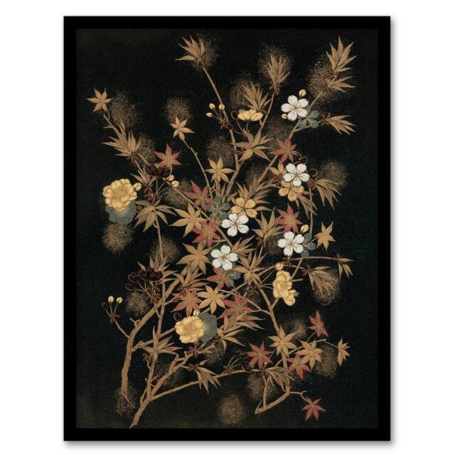 Artery8 G A Audsley Framed Wall Art Print Vintage Japan Autumn Flowers in Black - Size: A4 - image 1