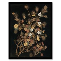 Artery8 G A Audsley Framed Wall Art Print Vintage Japan Autumn Flowers in Black - Size: A4 - thumbnail 1