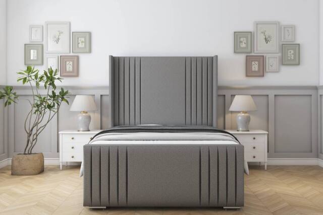 "Sloomy Camden Dumfries Frame-Mattress-50"" Upholstered Wingback Headboard in Light Grey - Size: Small Double" - image 1