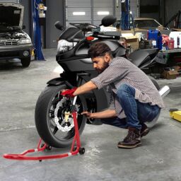 Costway Front Wheel Motorcycle Stand Highly Stable Universal Paddock Lift Stand in Red - thumbnail 3