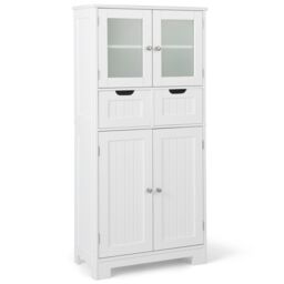 Gymax Tall Bathroom Cabinet Double Door Floor Cabinet With 2 Drawers in White