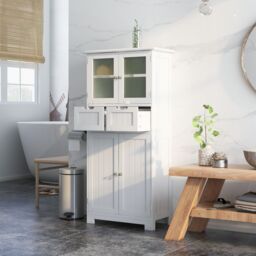 Gymax Tall Bathroom Cabinet Double Door Floor Cabinet With 2 Drawers in White - thumbnail 5
