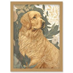 Artery8 Golden Retriever Dog in Nature Soft Pastel Colour Illustration Artwork Framed Wall Art Print A4 in Light Oak - thumbnail 1