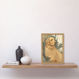 Artery8 Golden Retriever Dog in Nature Soft Pastel Colour Illustration Artwork Framed Wall Art Print A4 in Light Oak - thumbnail 2