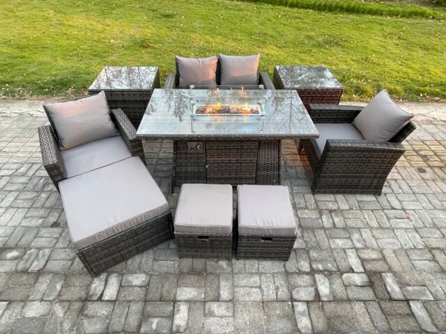Fimous Outdoor Garden Dining Sets 7 Seater Rattan Patio Furniture Sofa Set with Gas Firepit Table 3 Footstools 2 Side Table in Dark Grey