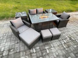 Fimous Outdoor Garden Dining Sets 7 Seater Rattan Patio Furniture Sofa Set with Gas Firepit Table 3 Footstools 2 Side Table in Dark Grey - thumbnail 2
