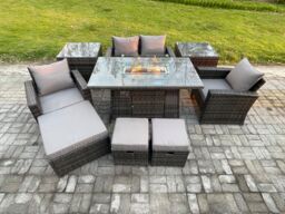 Fimous Outdoor Garden Dining Sets 7 Seater Rattan Patio Furniture Sofa Set with Gas Firepit Table 3 Footstools 2 Side Table in Dark Grey - thumbnail 1