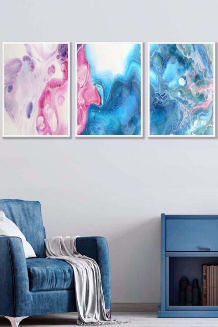 Set of 3 White Framed Abstract Fluid Marble in Blue and Pink Wall Art - image 1