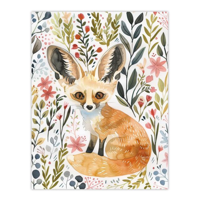 "Artery8 Fennec Fox Boho Floral Watercolour Portrait Wall Art Print - Size: W12"" x H16""" - image 1