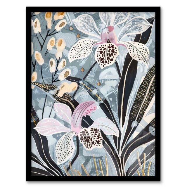 "Artery8 Orchid Flowers Artwork Exotic Dark Floral Bloom Framed Art Print in Blue - Size: W12"" x H16""" - image 1