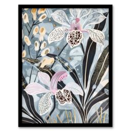 "Artery8 Orchid Flowers Artwork Exotic Dark Floral Bloom Framed Art Print in Blue - Size: W12"" x H16""" - thumbnail 1