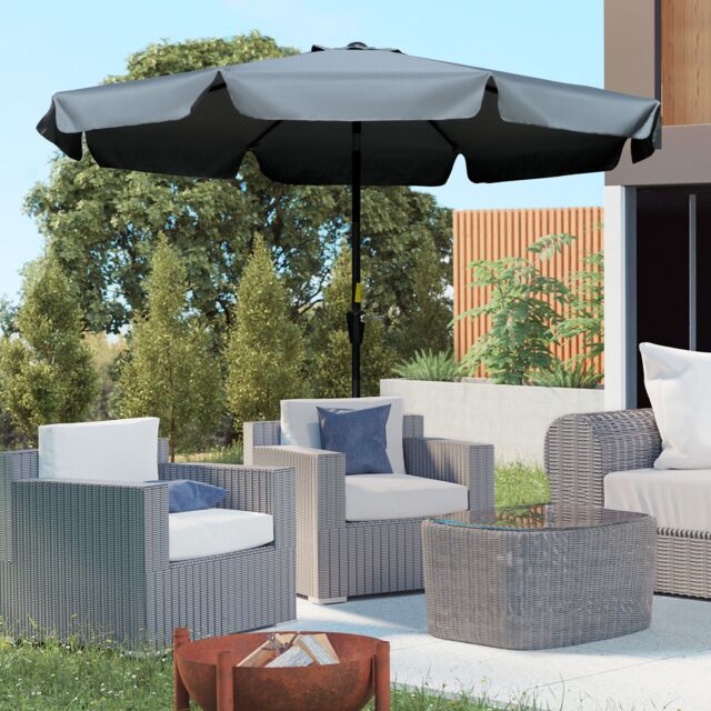 OUTSUNNY 2.7m Patio Umbrella Garden Parasol with Crank, Ruffles, 8 Ribs in Grey - image 1