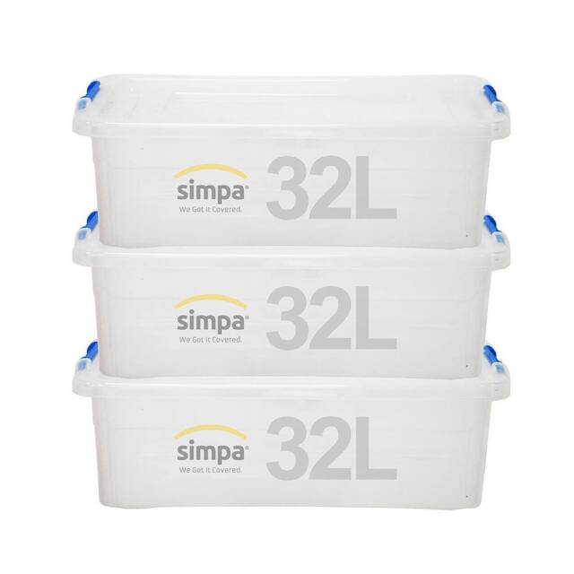 simpa 32L Underbed Plastic Storage Box with Click Lock Lid - Set of 3 in Clear - image 1